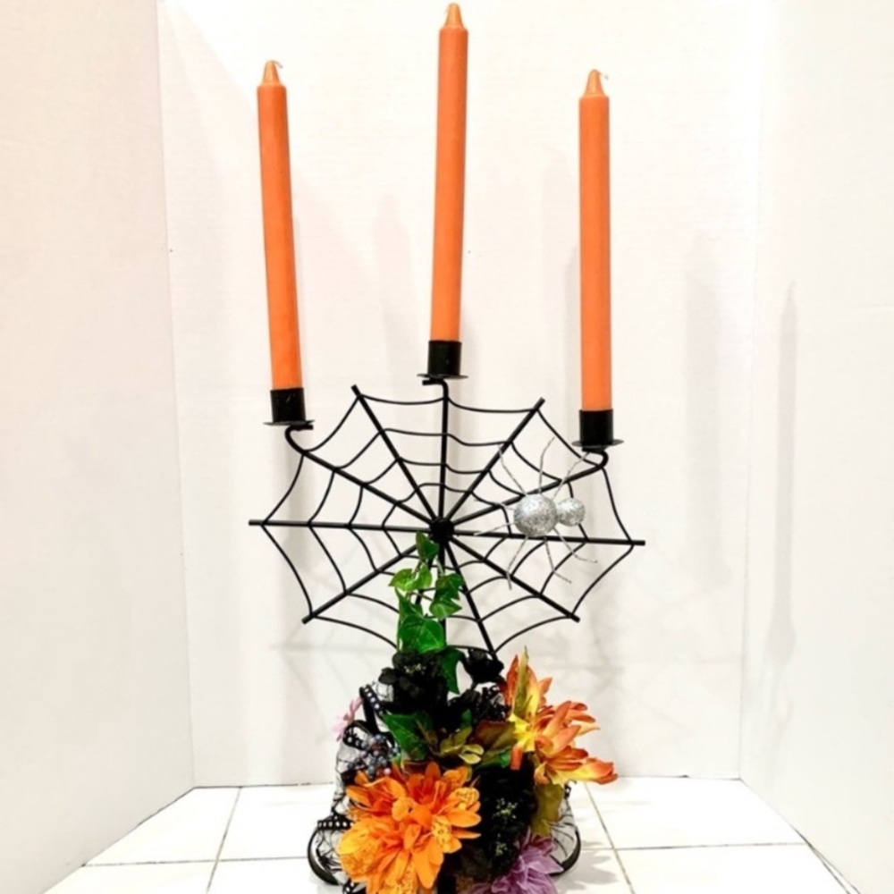 Spiderweb candelabra with added fall floral and orange candles - Picture 7 of 7